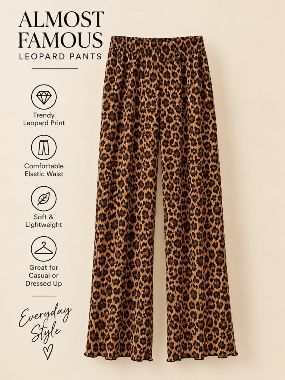 Almost Famous Leopard Print Pleated Wide Leg Pants Women’s Large